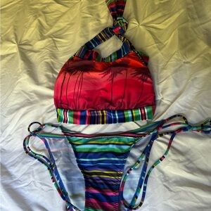 Colorful Striped Bikini with Palm Tree Design